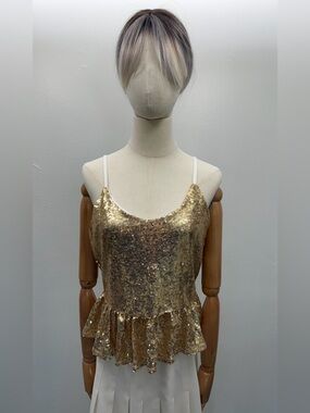 No Boundaries Gold Sequin Peplum Tank Top Sparkly Party Cami Size M